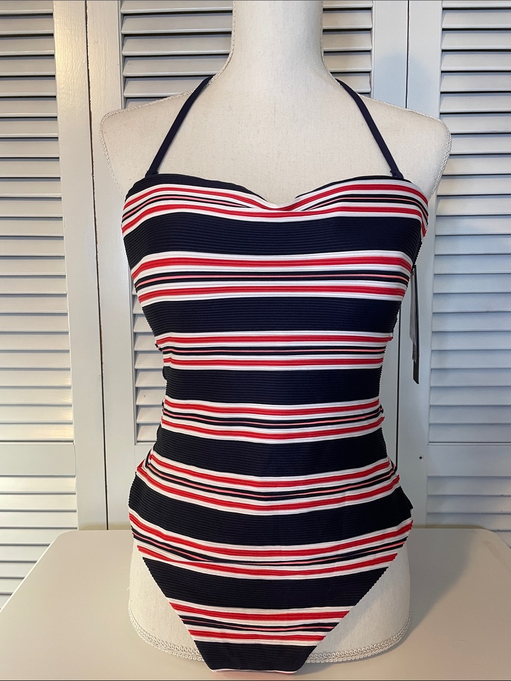 NWT La Blanca Navy, Red & White Ribbed Bandeau Swimsuit Top With Tie Back-sz 14